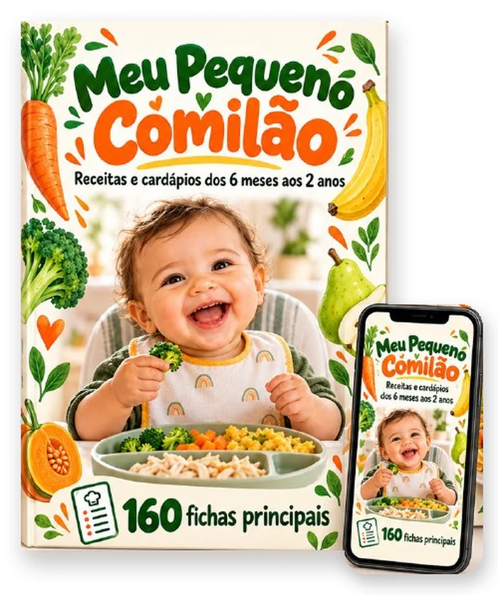 Capa do guia Meu Pequeno Comilão e o mesmo PDF aberto no celular