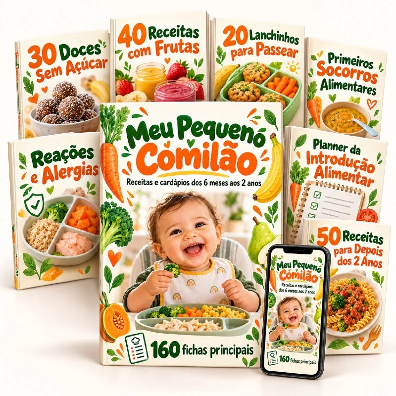 Kit Meu Pequeno Comilão: capa do guia principal, capas dos 7 bônus e o PDF aberto no celular