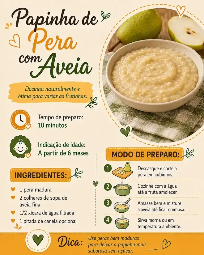 Ficha I02 do PDF, 2 de 11: Papinha de pera com aveia, a partir de 6 meses