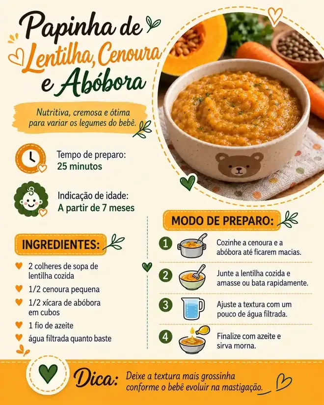 Ficha I03 do PDF, 3 de 11: Papinha de lentilha, cenoura e abóbora, a partir de 7 meses