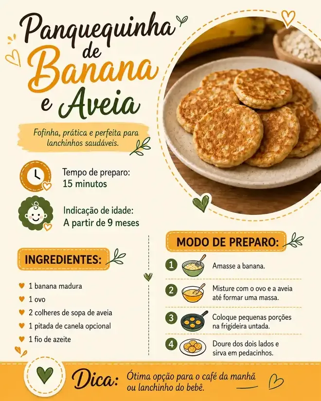 Ficha I05 do PDF, 5 de 11: Panquequinha de banana e aveia, a partir de 9 meses