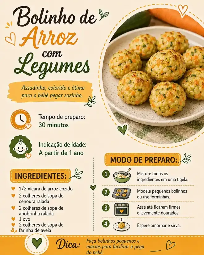 Ficha I08 do PDF, 8 de 11: Bolinho de arroz com legumes, a partir de 1 ano